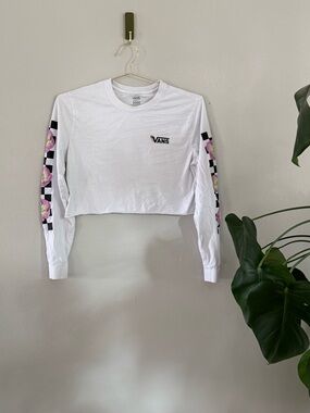 Vans White Cropped Long Sleeve Tee with Pink Floral Checker Sleeves